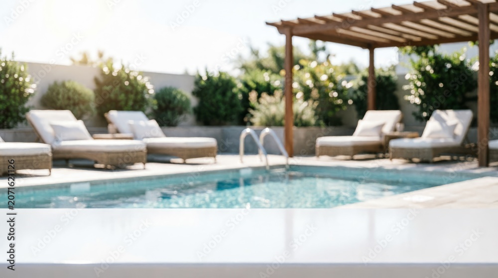 Fototapeta premium Luxury Poolside Lounge Area with Sunbeds and Pergola for Resort Design