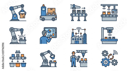 Industrial Automation Icons Set Robot Factory Technology.