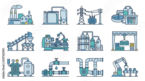 Collection of Industrial Factory and Manufacturing Plant Icons.