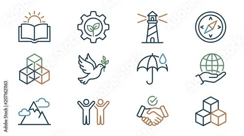 Collection of diverse icons representing concepts like education and nature.