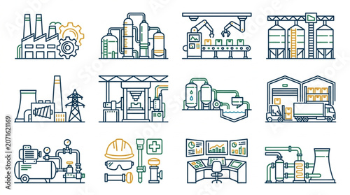 Industrial factory and manufacturing process icons set.