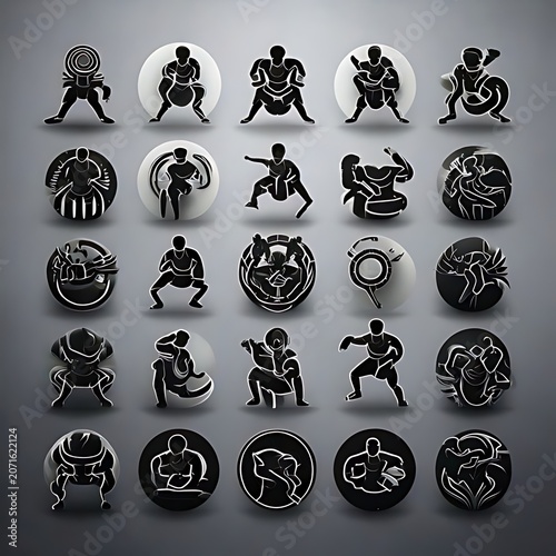 Stylized black and white warrior icons in circular frames