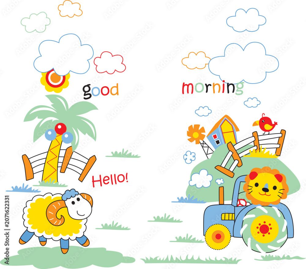 Fototapeta premium Friendly lion and little sheep taking care of plants in a blooming garden, lovely hobby vector illustration for nursery