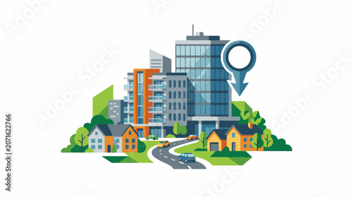 Diverse urban buildings with a location pin and vehicles on a road