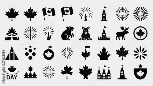 Foto Large set of canada day icons featuring maple leaves fireworks and national monuments