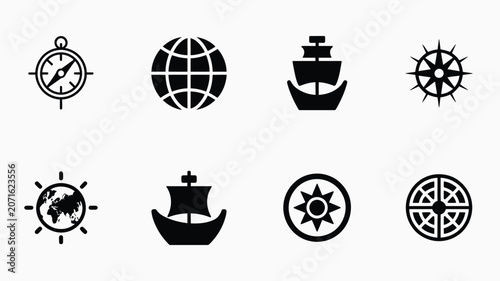 Tableau sur toile Adventure and exploration icons with globes ships and compasses.