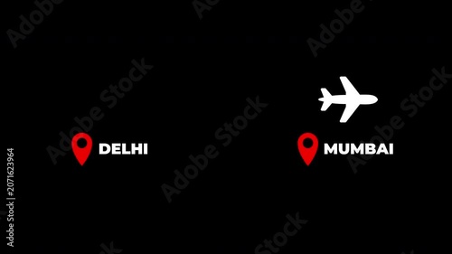 Delhi To Mumbai Airplane Travel Flight Route Animation Transparent Background With Alpha Channel