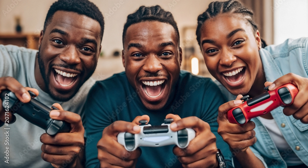 Obraz premium Joyful African American friends gaming, holding controllers, cheering with big smiles. Young diverse friends gaming together, sharing exciting moments, celebrating success in play.