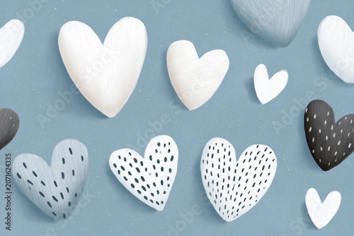 Various white, black, and patterned hearts on blue background, romantic design element