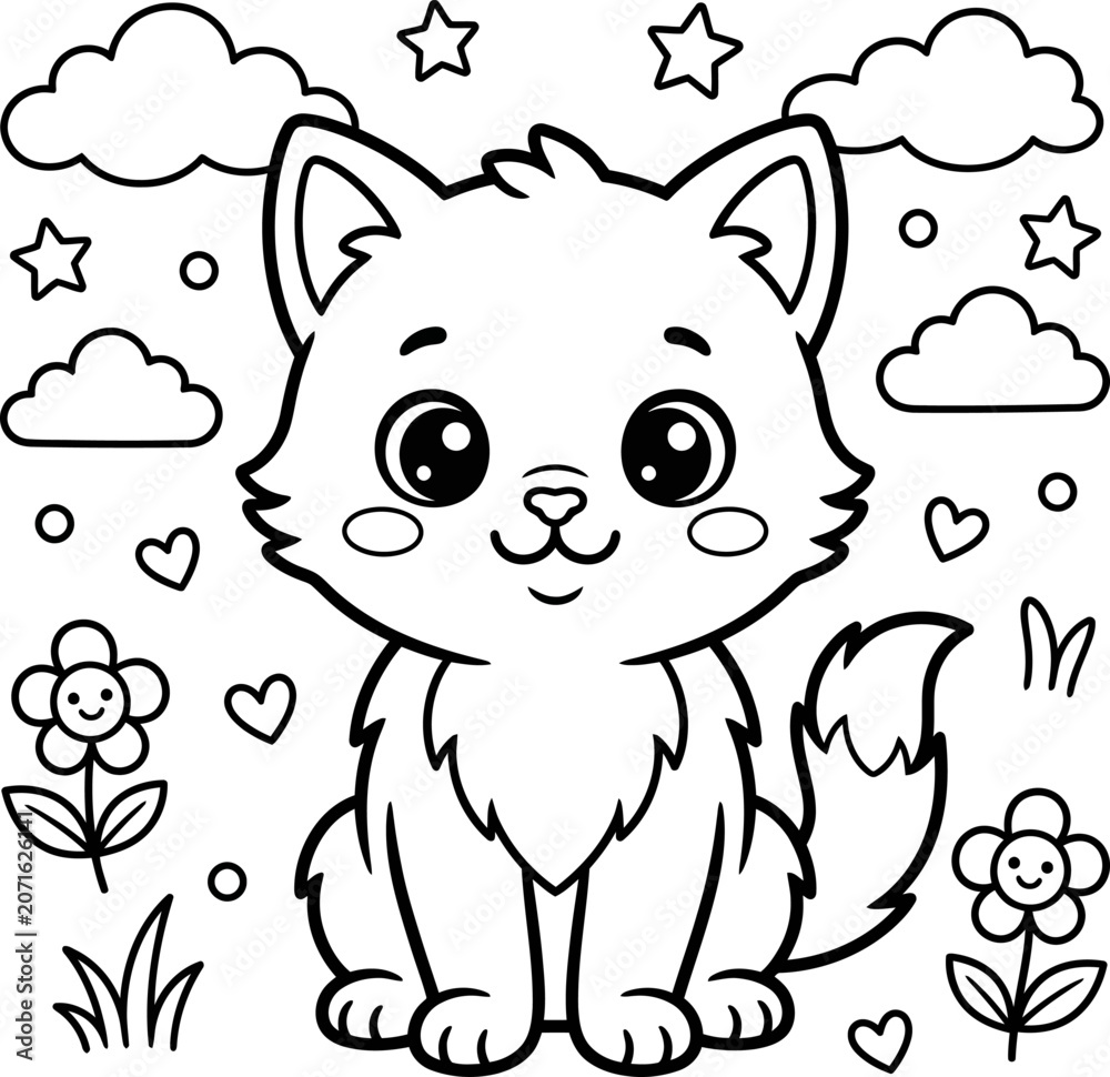 Obraz premium Cute cartoon kitten with clouds stars and flowers in background