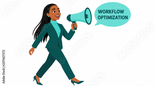 Businesswoman announcing workflow optimization with megaphone.