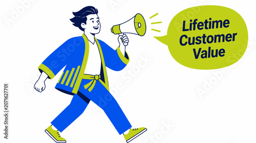 Cartoon character holding megaphone for lifetime customer value.