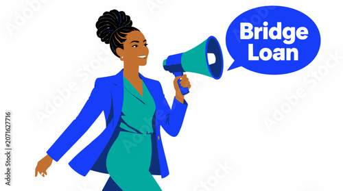 Woman in blue suit using megaphone for announcement.