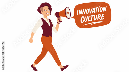 Cartoon character holding megaphone for innovation culture.