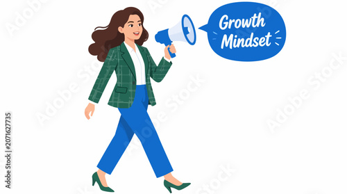 Confident woman with megaphone promoting growth mindset.