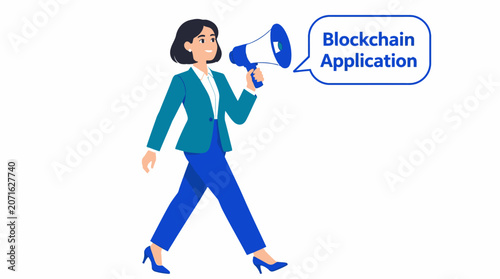 Businesswoman holding megaphone for blockchain announcement.