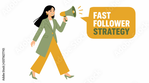 Woman using megaphone for fast follower strategy promotion.