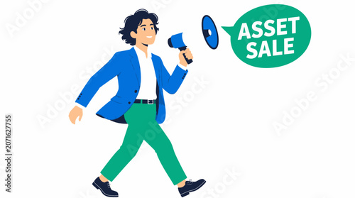 Businessman announcing asset sale with megaphone.