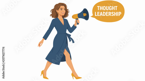 Confident woman speaking into megaphone about leadership.