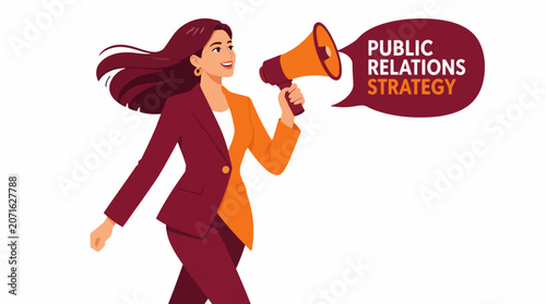 Confident woman with megaphone announcing public relations strategy.
