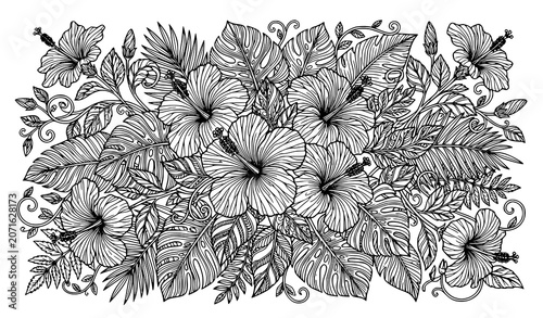 Detailed hibiscus floral and exotic wild leaf coloring page vector illustration for adults relaxation book