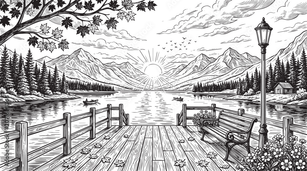 Fototapeta premium wooden dock, mountain lake, sunset landscape, lakeside pier, park bench, vintage lantern, street lamp, maple leaves, rowing boat, pine trees, forest shore, wooden deck, waterfront view, alpine mountai