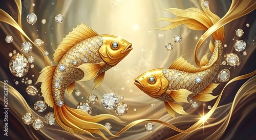 Two Golden Koi Fish Swimming Amidst Diamonds and Flowing Ribbons.