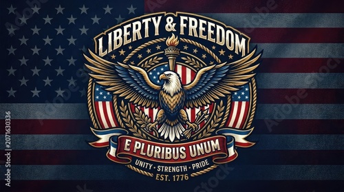 American eagle emblem with liberty and freedom text on usa flag background