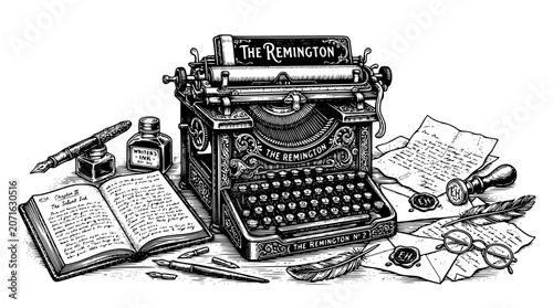 Tableau sur toile vintage typewriter, remington typewriter, writer desk, old books, ink bottle, qu