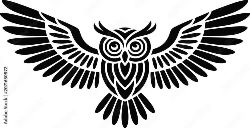 Fototapeta premium Black and white owl bird graphic with wings spread