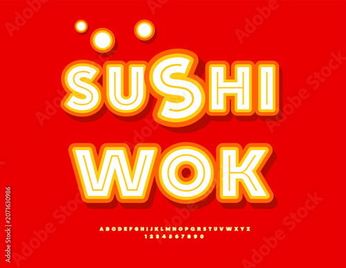 Vector Culinary Promotion Sushi Wok. Exclusive Modern Font. Artistic Alphabet Letters and Numbers set.