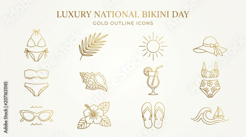 Εκτύπωση καμβά Luxury national bikini day gold outline icons set