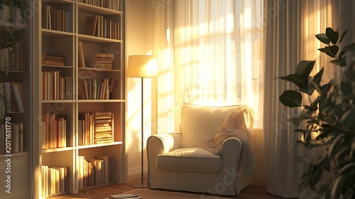 Cozy Reading Nook with Soft Sunlight and Modern Bookshelf Interior
