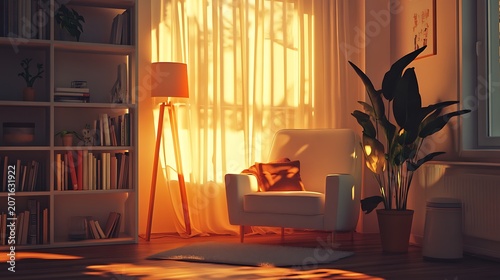Cozy living room interior with armchair and lamp at sunset