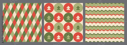 Set of Christmas geometric seamless patterns with holiday elements