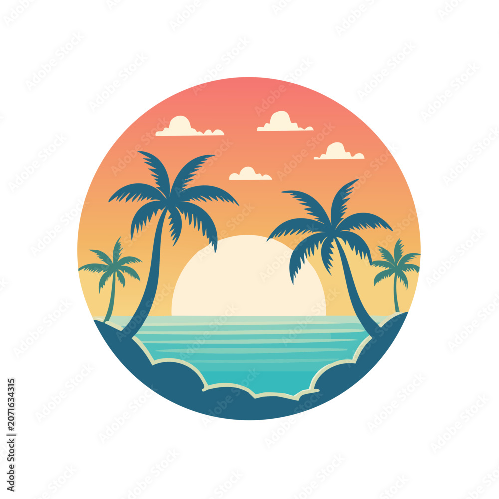 Obraz premium Tropical sunset beach scene with palm trees and ocean