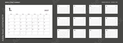 Set of 12 Pages Monthly Calendar Planner Templates on 2027 year. Vector mockup of a wall or desktop simple calendar organizer grid with the week starting on Sunday ready print. Page size A4 21x29.7 cm