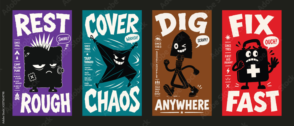Fototapeta premium Set of four funny cartoon camping gear monster posters for outdoor adventure and hiking