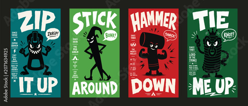 Set of four retro camping equipment monster posters with funny characters and vintage slogans