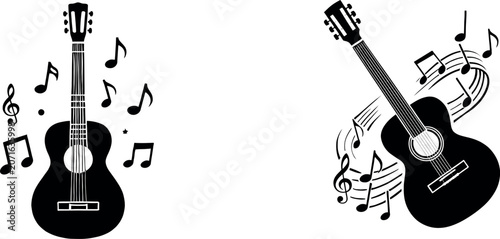Tablou pe pânză black and white acoustic guitars with musical notes symbols icons