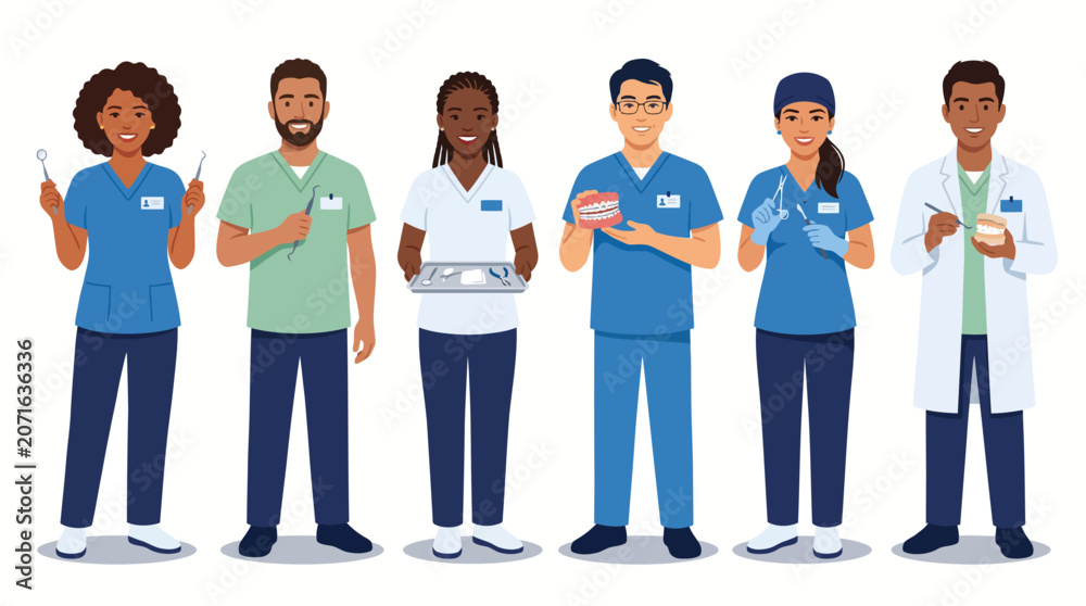 Obraz premium Dental Team Medical Professionals Illustration in Scrubs
