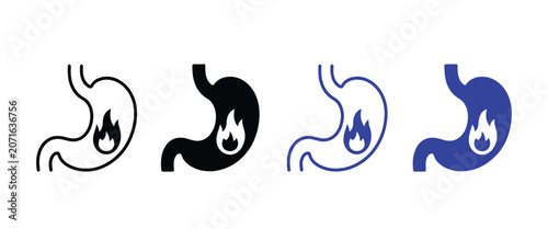 Photos Heartburn Icon Set Vector Illustration with Human Stomach and Burning Flame for