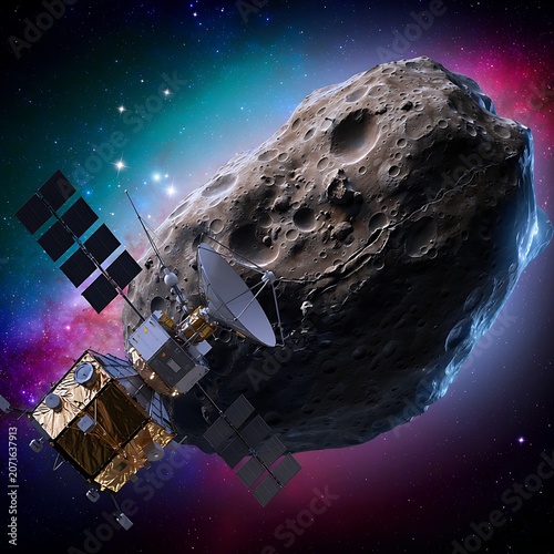 Vast asteroid encountered by advanced spacecraft in the deep cosmos with nebula background