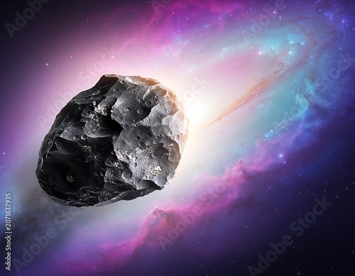 A Detailed Large Asteroid Drifting Through Deep Space Near A Vibrant Cosmic Nebula And A Glowing Spiral Galaxy Illustration