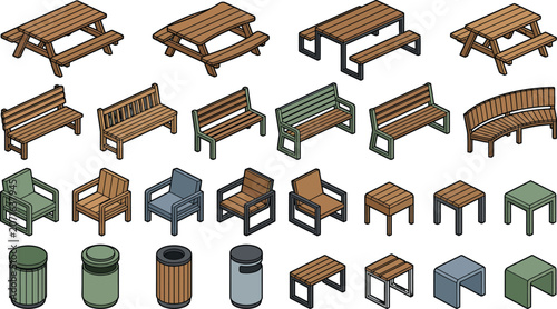 Isometric outdoor furniture set including park benches picnic tables chairs and trash cans for urban landscape design