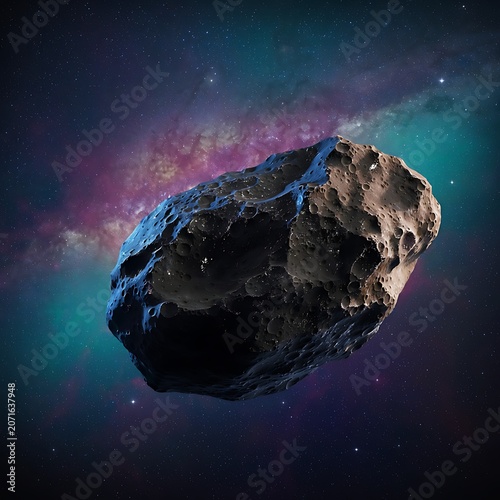 Large asteroid drifting through deep space with vibrant nebula background, scientific illustration of a celestial rock in orbit