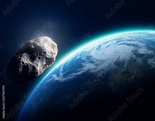 Large rocky asteroid approaching planet Earth from deep space with atmospheric glow illustration