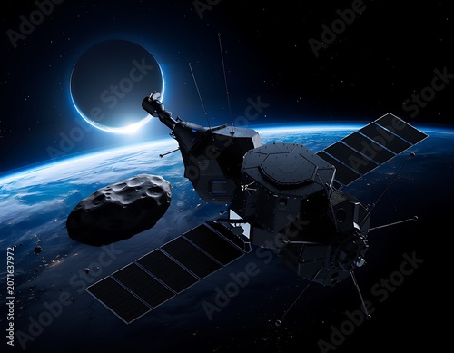 Advanced Communication Satellite Orbiting Planet Earth Near a Floating Asteroid in Deep Space with Celestial Eclipse
