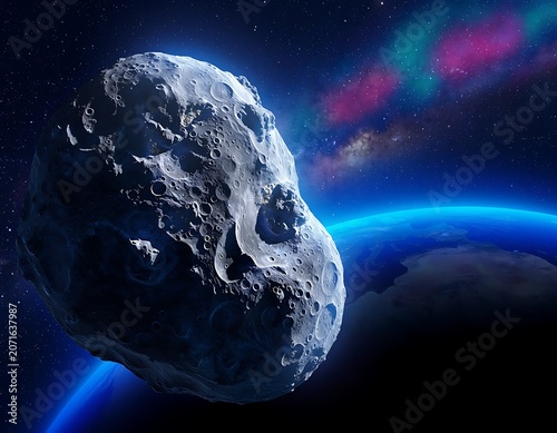 Giant Asteroid Approaching Earth Orbit Illustrating Potential Cosmic Threat and Planetary Impact Risks in Deep Space Exploration Concept