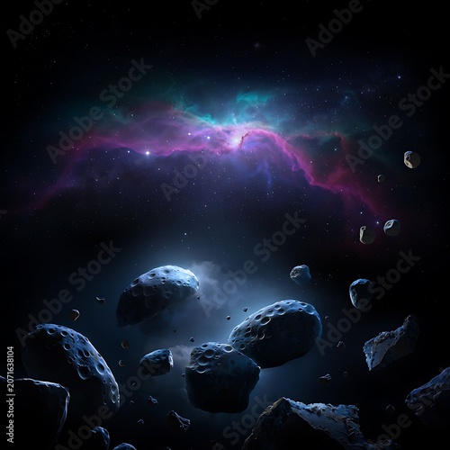 Cinematic deep space illustration with floating asteroids and vibrant cosmic nebula